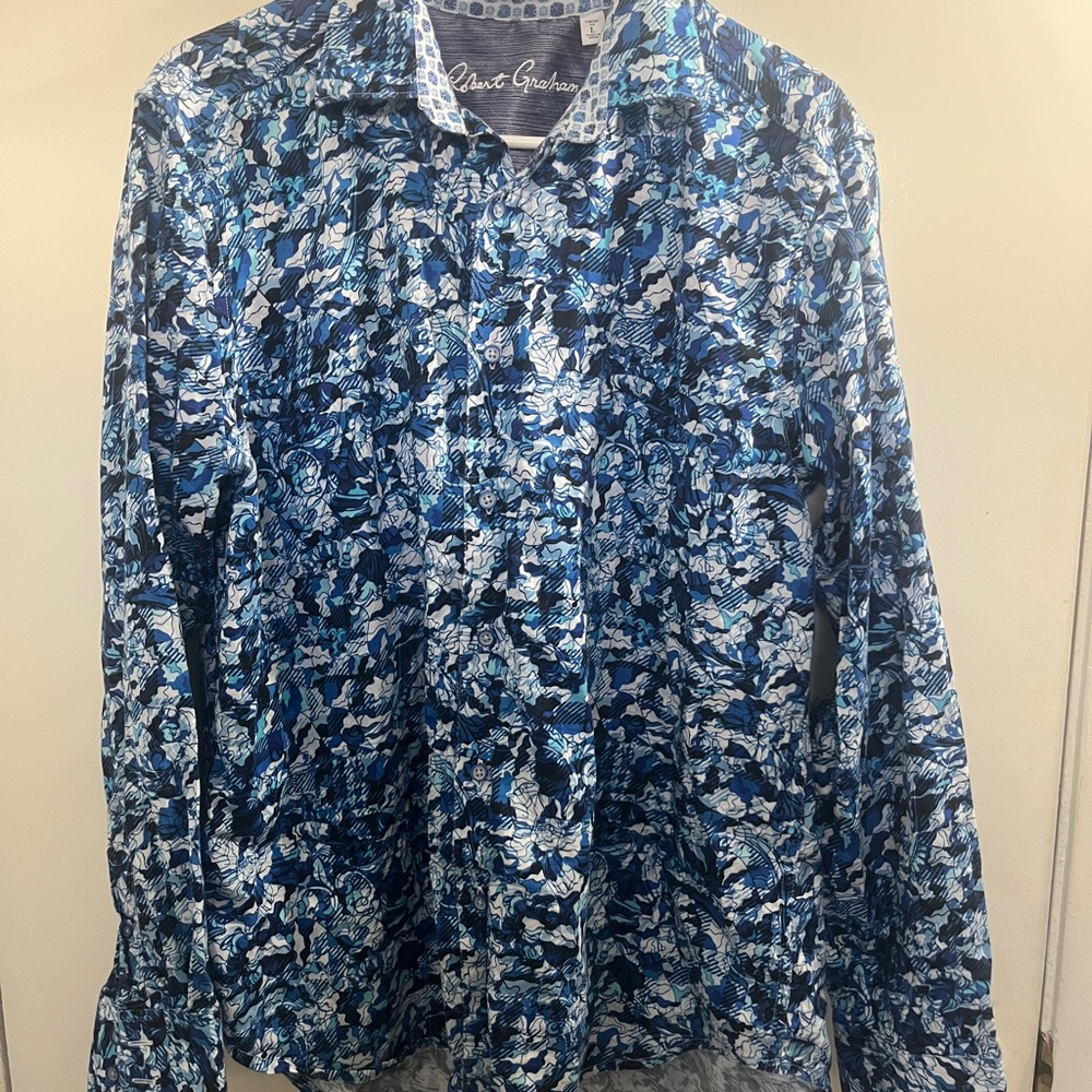 Robert Graham Multi-Blue Patterned Button-Down Sh… - image 1